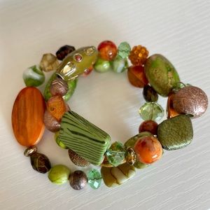 Boho wrap beaded bracelet, green and orange